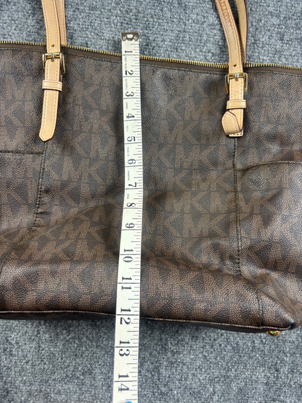 MICHAEL KORS Jet Set Tote Bag Brown Logo Print Canvas Tan Leather Trim Purse - Picture 10 of 11
